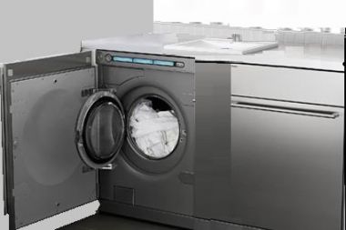 Wasmachine en elkaar, wasbak erboven KLUSIDEE.NL